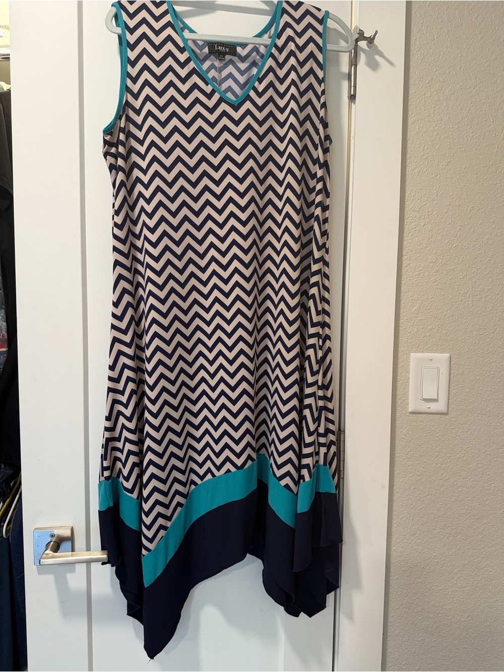 Sleeveless Chevron Midi Dress in Navy, Cream & Teal Trim 16W